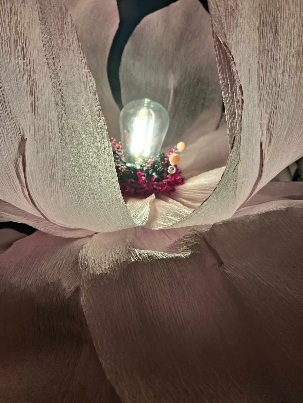 Handcrafted Giant Pink Italian Crepe Paper Flower Hanging Lamp, LED